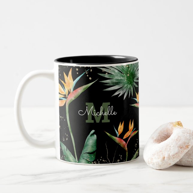 Caneca De Café Em Dois Tons Folhagem Tropical Palm Monograma Script Dourado Pr (Com Donut)