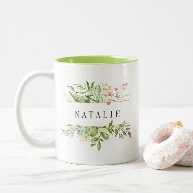 Caneca De Café Em Dois Tons Folhagem Verde Floral Selvagem Personalizada (Com Donut)