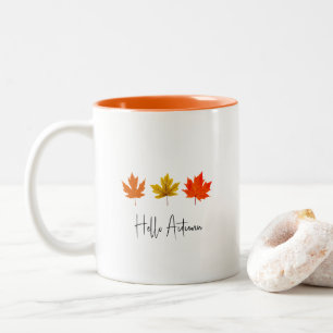 Caneca De Café Em Dois Tons Folhas bonito de Mapeamento Vermelho Laranja Verme