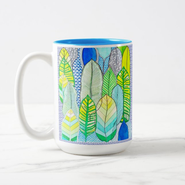 Caneca De Café Em Dois Tons Folhas de Boho Tropicais Modernas e Amarelas Verde (Esquerda)