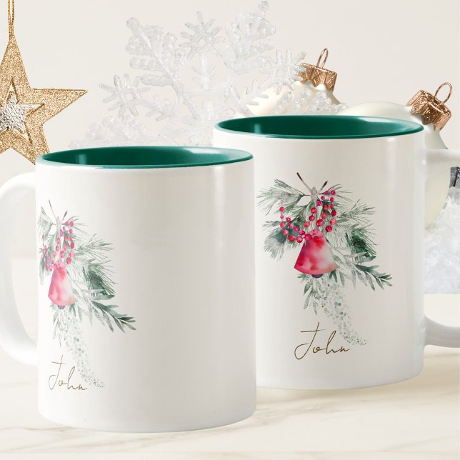 Caneca De Café Em Dois Tons Folhas de Natal em Letra Moderna de Aquarela Perso (Criador carregado)