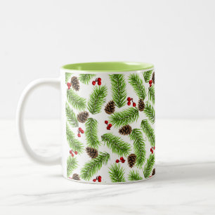 Caneca De Café Em Dois Tons Folhas de Pinheiro de Natal, Cones & Berries