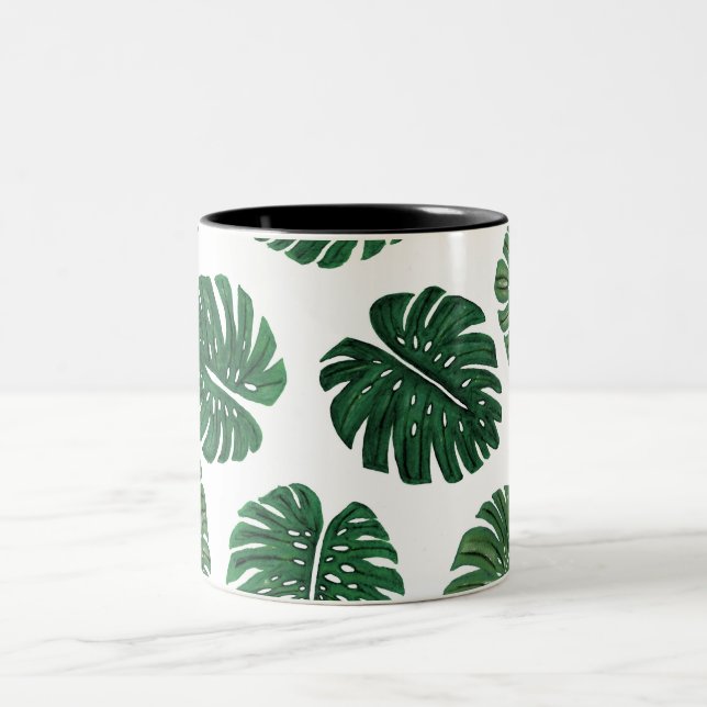 Caneca De Café Em Dois Tons Folhas de Queijo Suíço Pintadas à Mão Tropical (Centro)