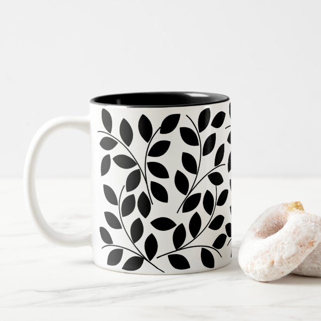 Caneca De Café Em Dois Tons Folhas Pretas Tropical (Com Donut)
