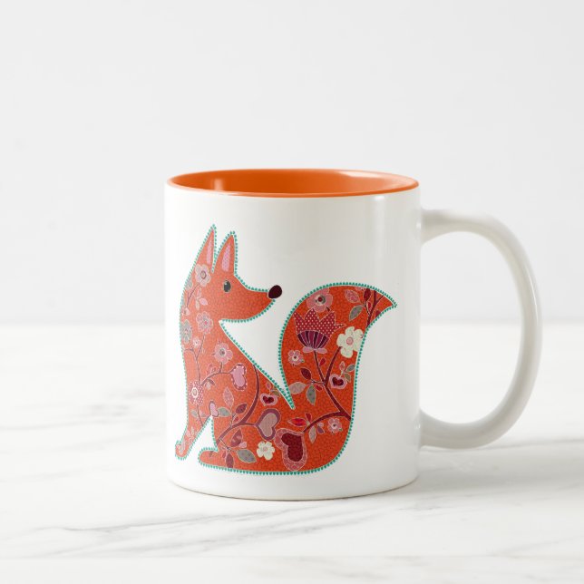 Caneca De Café Em Dois Tons Folk Art Flower Pattern Fox (Direita)
