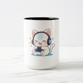 Caneca De Café Em Dois Tons Fones de Ouvido para Jogos de Gato Chibi Fofo Cons