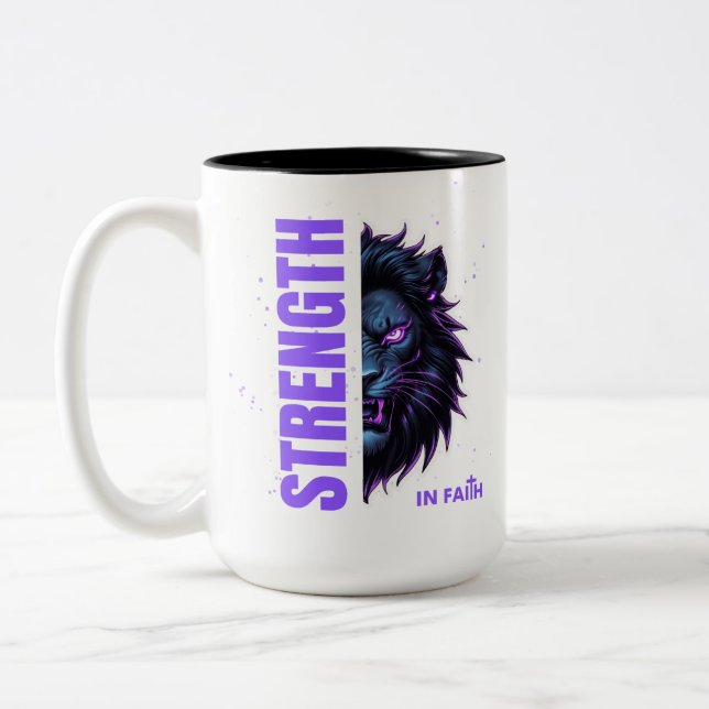 Caneca De Café Em Dois Tons Força na Faith Lion & Cross Emblem (Esquerda)