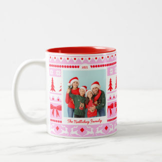 Caneca De Café Em Dois Tons Foto da família, doce de Natal, rosa e vermelho