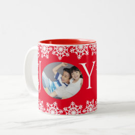 Caneca De Café Em Dois Tons Foto da família Holiday JOY Red White Snowflake H