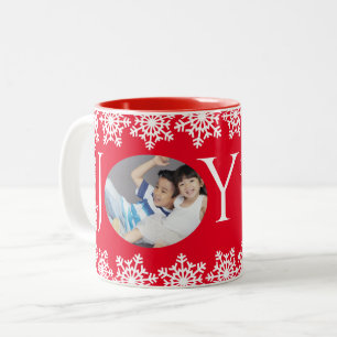 Caneca De Café Em Dois Tons Foto da família Holiday JOY Red White Snowflake H