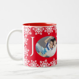Caneca De Café Em Dois Tons Foto da família Holiday JOY Red White Snowflake H