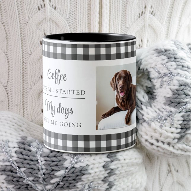 Caneca De Café Em Dois Tons Foto de Cão Preto Branco Gingham 2 (Criador carregado)