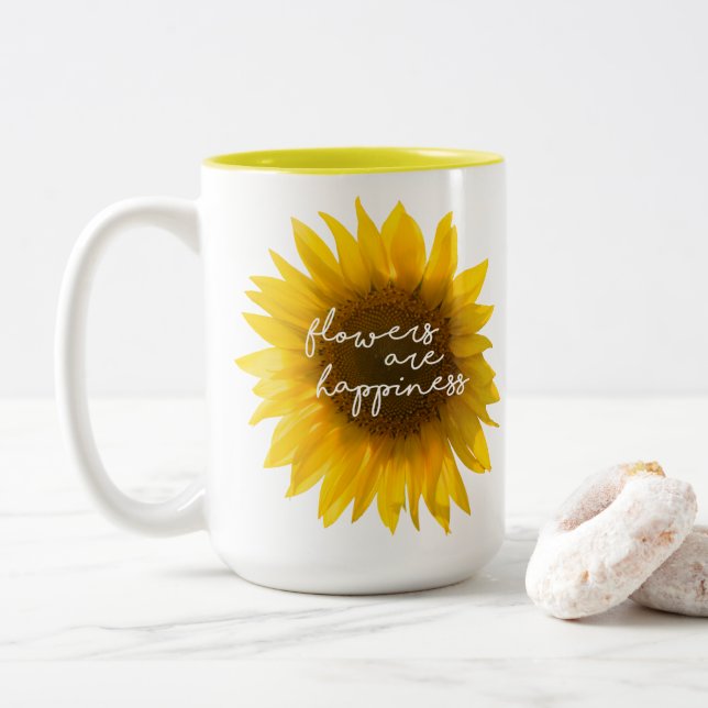Caneca De Café Em Dois Tons Foto de Girassol Real Campo Flores São Felicidade (Com Donut)