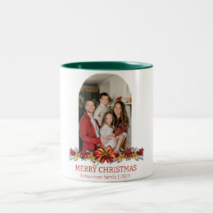 Caneca De Café Em Dois Tons Foto de Natal Floral Simples da Família Elegante