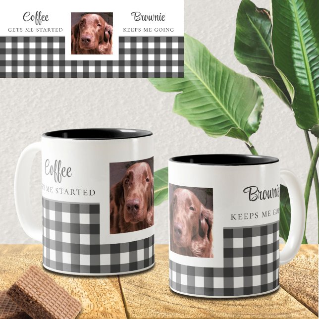Caneca De Café Em Dois Tons Foto do Cachorro Gingham Branco Preto (Criador carregado)