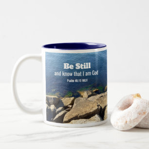 Caneca De Café Em Dois Tons Foto do Oceano Versículo Bíblico Fé Cristã Azul Es