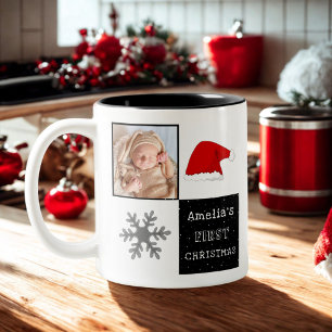 Caneca De Café Em Dois Tons Foto do primeiro Natal do bebê com chapéu de Papai