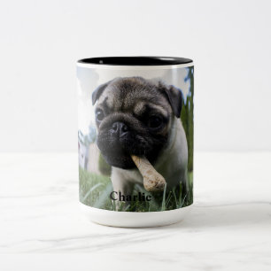 Caneca De Café Em Dois Tons Foto e nome personalizados do cão Pug