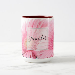 Caneca De Café Em Dois Tons Foto Elegante Rosa Gerbera Daisies
