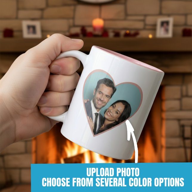 Caneca De Café Em Dois Tons Foto personalizada de aniversário personalizada ro (Personalized Anniversary Custom Photo Heart Pink Two-Tone Coffee Mug.)