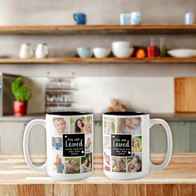 Caneca De Café Em Dois Tons Foto personalizada que você ama (Custom 14-photo mugs, "You are loved more than you will ever know.")