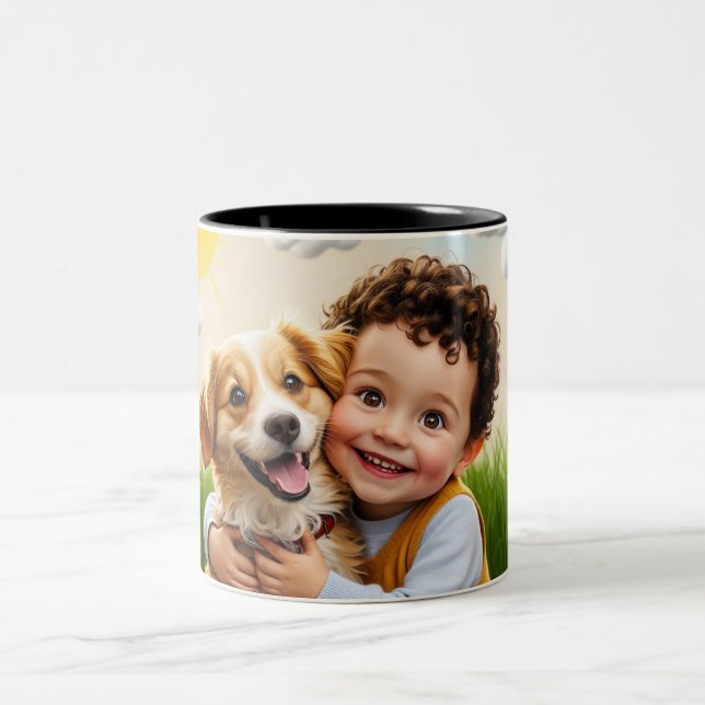Caneca De Café Em Dois Tons Foto Personalizada Simples Criança de Cachorro Per (Centro)