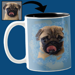 Caneca De Café Em Dois Tons Foto Única de Pug Filhote em Azul Cinza Grunge par