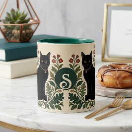 Caneca De Café Em Dois Tons Fotografia de Gato Preto Monograma Botânico Willia
