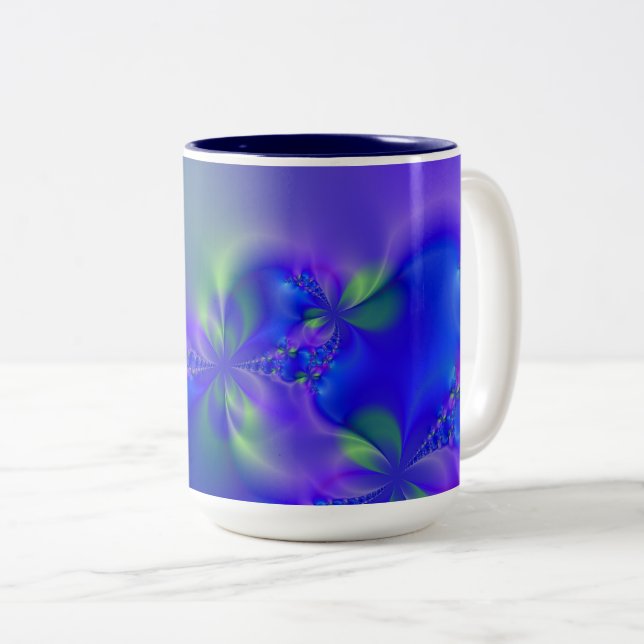 Caneca De Café Em Dois Tons Fractal 44 (azul, verde e roxo) (Frente Esquerda)
