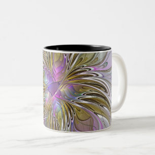 Caneca De Café Em Dois Tons Fractal Abstrato Colorida Floral, Rosa E Dourada