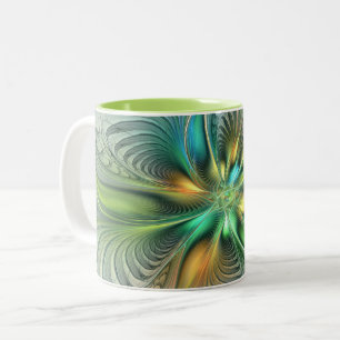 Caneca De Café Em Dois Tons Fractal de Flor Abstrato moderna fantasia colorida