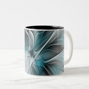 Caneca De Café Em Dois Tons Fractal Fractal Moderna Abstrato com Cinza Flor Az