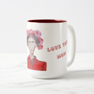 Caneca De Café Em Dois Tons Frida Kahlo Ama-te Mãe Branca e Vermelha Sem Rosto