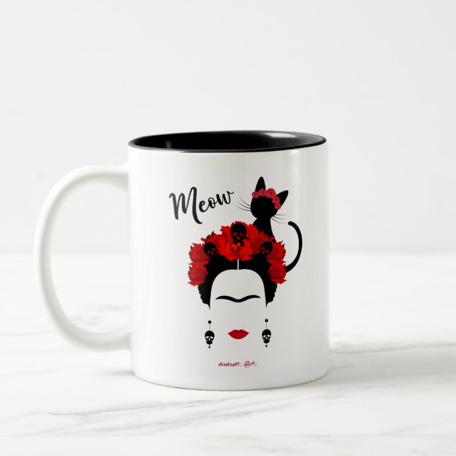 Caneca De Café Em Dois Tons Frida Kahlo retrato e meau giro gato mexicano (Esquerda)