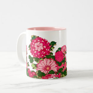 Caneca De Café Em Dois Tons Fronteira de Flor Japonesa, Rosa Fúcsia e Coral