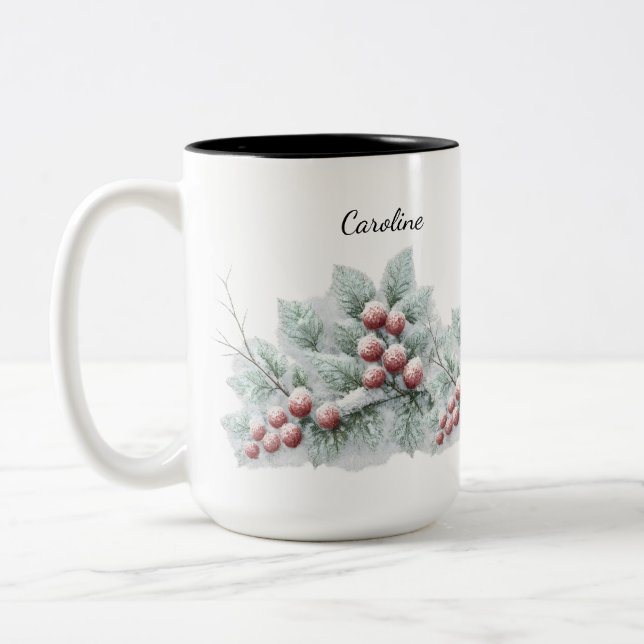 Caneca De Café Em Dois Tons Frosted Winter Berry and Spruce Botanical Holiday  (Esquerda)