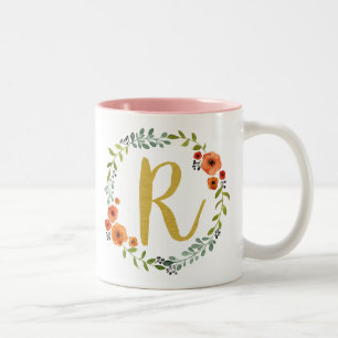 Caneca De Café Em Dois Tons Frota Botânica Dourada Monograma Inicial R