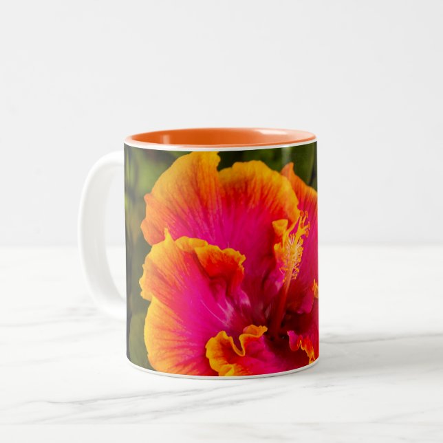 Caneca De Café Em Dois Tons Fuchsia havaiana e Orange Hibiscus de Kauai (Frente Esquerda)