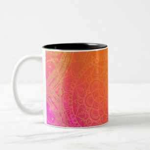 Caneca De Café Em Dois Tons Fuchsia Rosa Laranja & Dourado Glam Mandala Indian