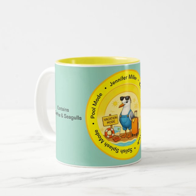 Caneca De Café Em Dois Tons fun sunny destination seagull beach traveller name (Frente Esquerda)