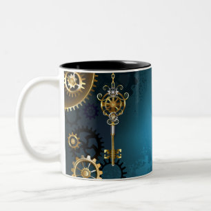 Caneca De Café Em Dois Tons Fundo azul turquesa Steampunk com engrenagens