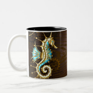Caneca De Café Em Dois Tons Fundo de Madeira com Cavalo-Marinho Mecânico