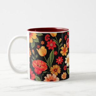 Caneca De Café Em Dois Tons Fundo Preto Com Flores