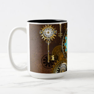 Caneca De Café Em Dois Tons Fundo Rusty Steampunk com Lentes Turquesa