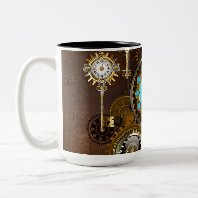 Caneca De Café Em Dois Tons Fundo Rusty Steampunk com Lentes Turquesa (Esquerda)
