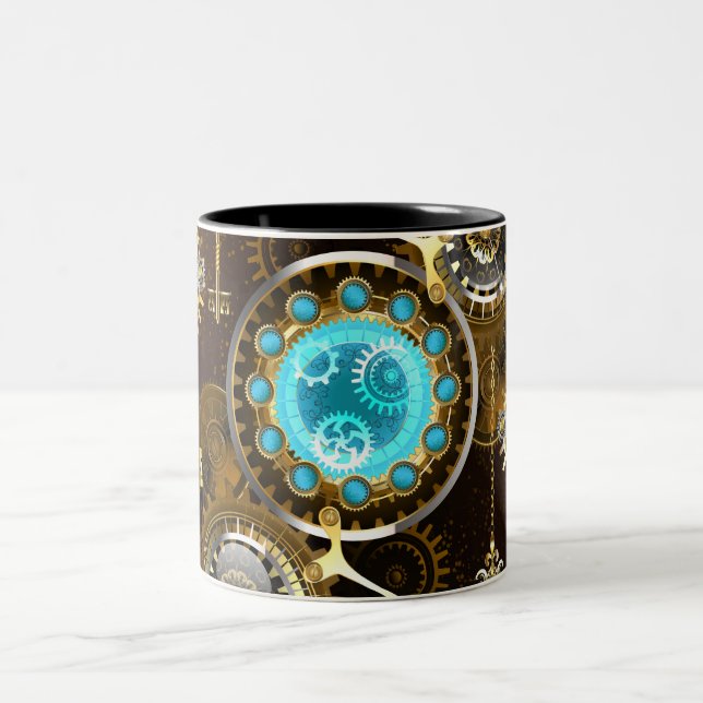 Caneca De Café Em Dois Tons Fundo Rusty Steampunk com Lentes Turquesa (Centro)