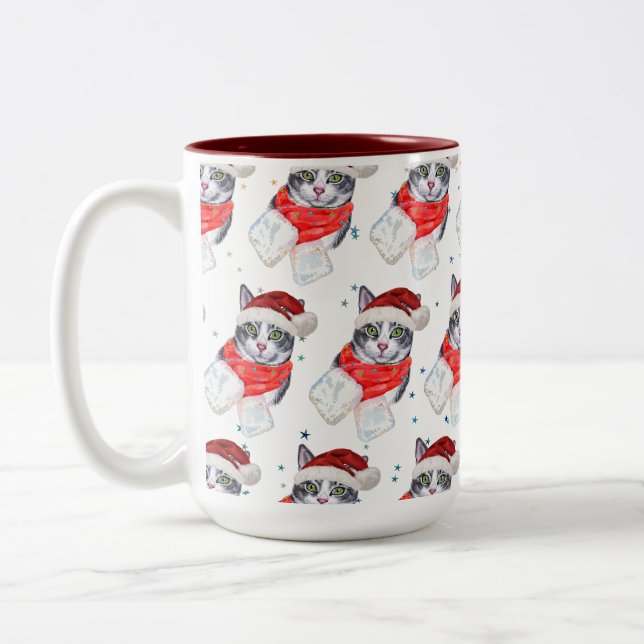 Caneca De Café Em Dois Tons Funny Gray and White Tabby Cat Christmas (Esquerda)