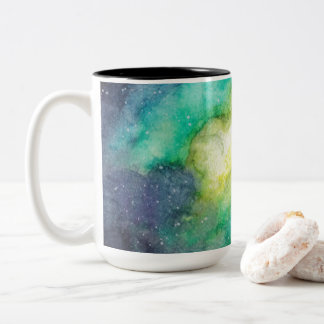 Caneca De Café Em Dois Tons Galaxia fushia verde azul aquarela