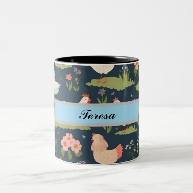 Caneca De Café Em Dois Tons Galinha e Flores Personalizadas (Centro)