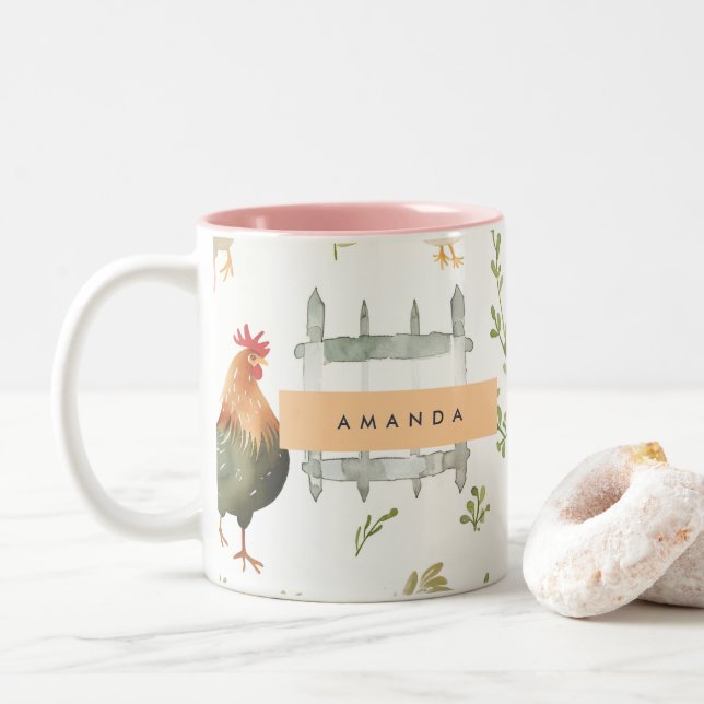 Caneca De Café Em Dois Tons Galinha russa personalizada e verde (Com Donut)